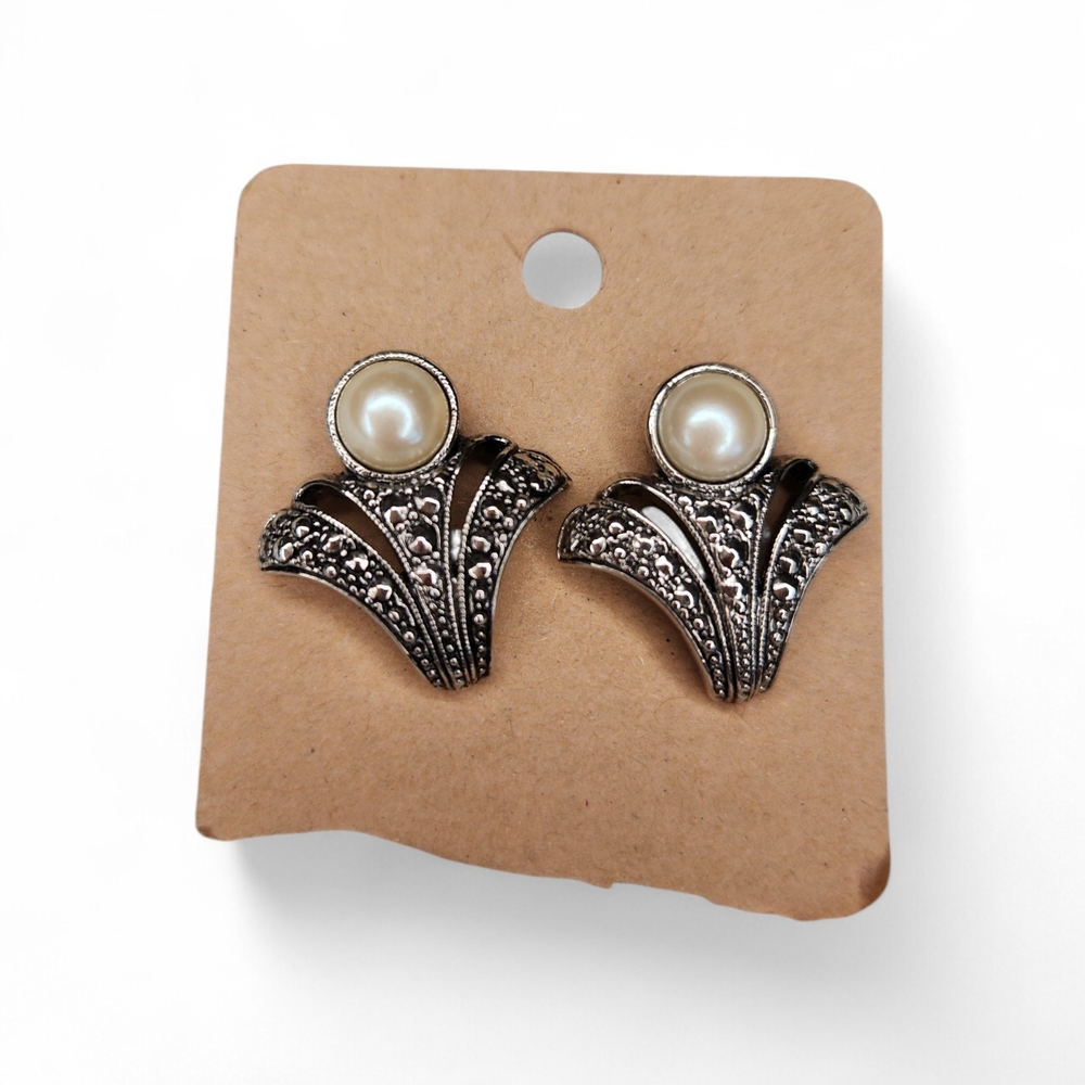 Vintage Art Deco Revival Style Pearl Fan Earrings Silver Tone Textured Statement